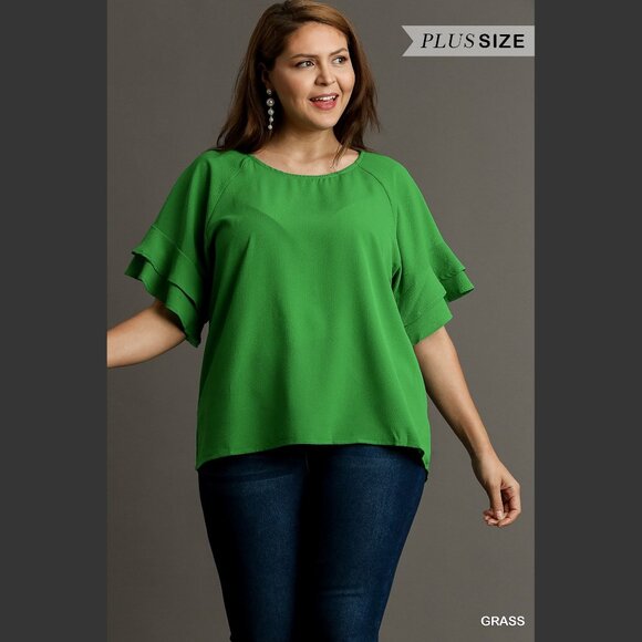 Layered Ruffle Sleeve Top / Blouse - Boxy Cut - Wide Round Neck - Grass Green - Picture 6 of 10